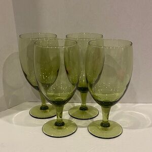 Set of Four MCM Avocado Green Glass Water Goblets/Stemmed Drinking Glasses